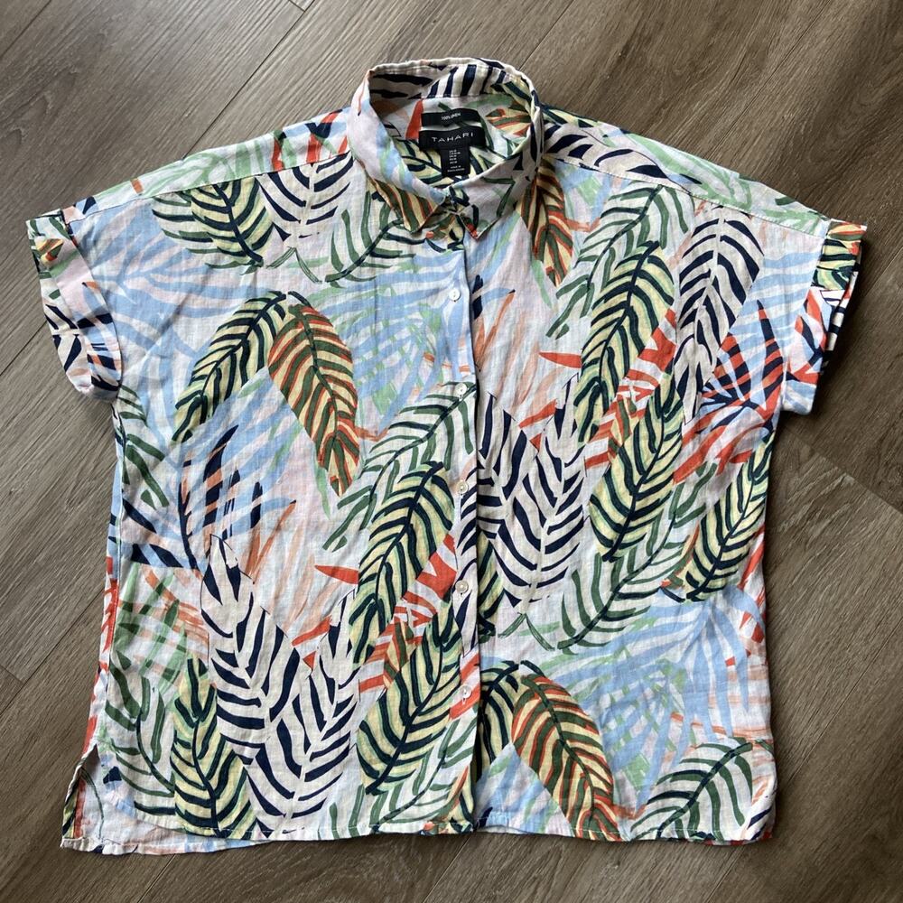 Tahari Shirt Sz M White 100% Linen Tropical Graphic Lightweight